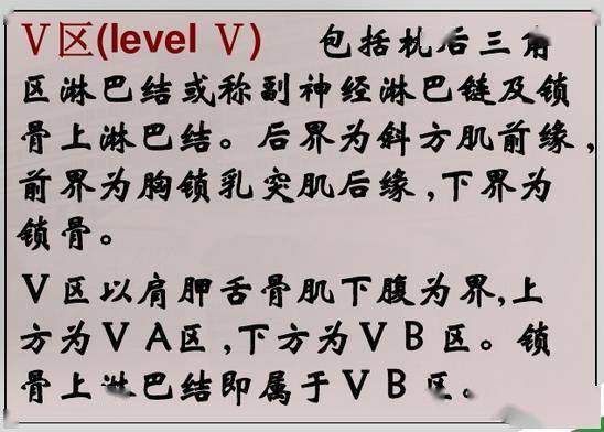 即胸鎖乳突肌後緣,斜方肌前緣及鎖骨構成的三角區內的淋巴結iv區:頸內