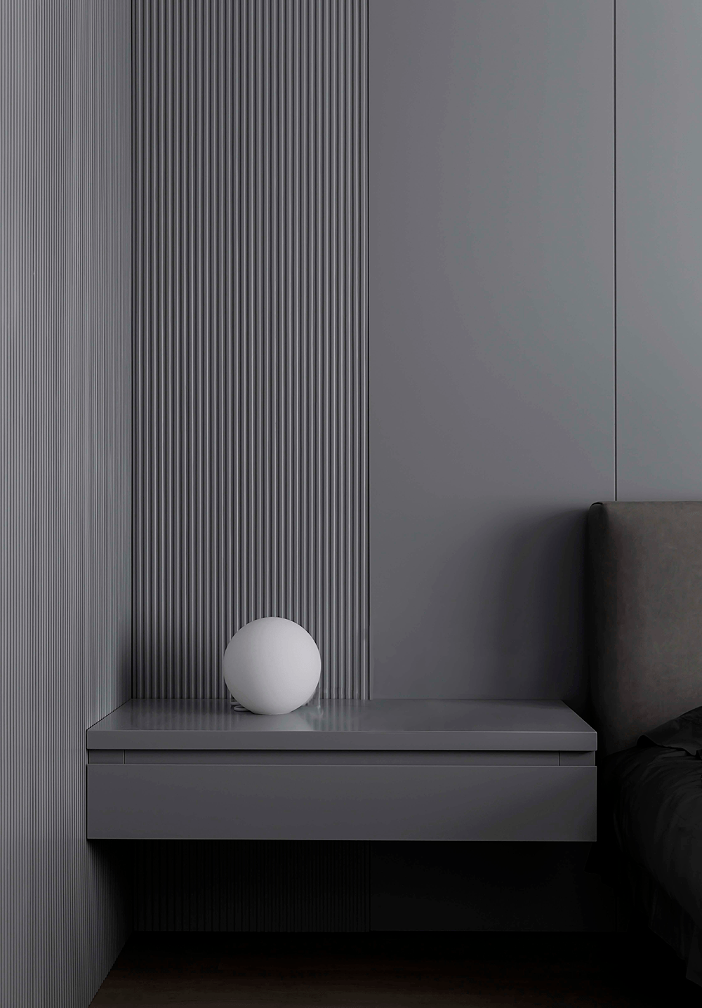 一深一浅的悬空床头柜,呼应床头护墙板颜色.