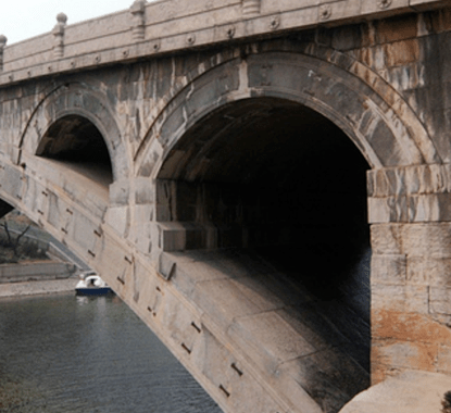 小拱上方的护拱石赵州桥的建造方法很独特,站在桥的主拱下抬头往上看