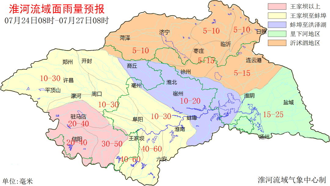 淮河流域未来三天(24-26日)累计面雨量预报