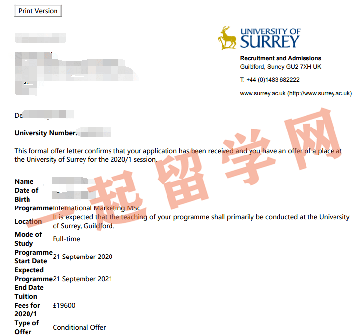 萨里大学国际市场营销管理专业offer一枚