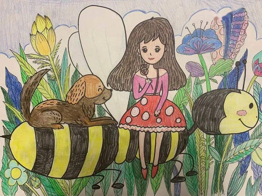 创作说明:幻想自己和宠物狗小汪变小后骑着蜜蜂游览花园的历险记.