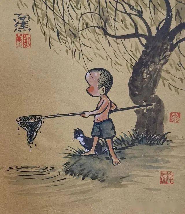 童年水墨画江上画画图片