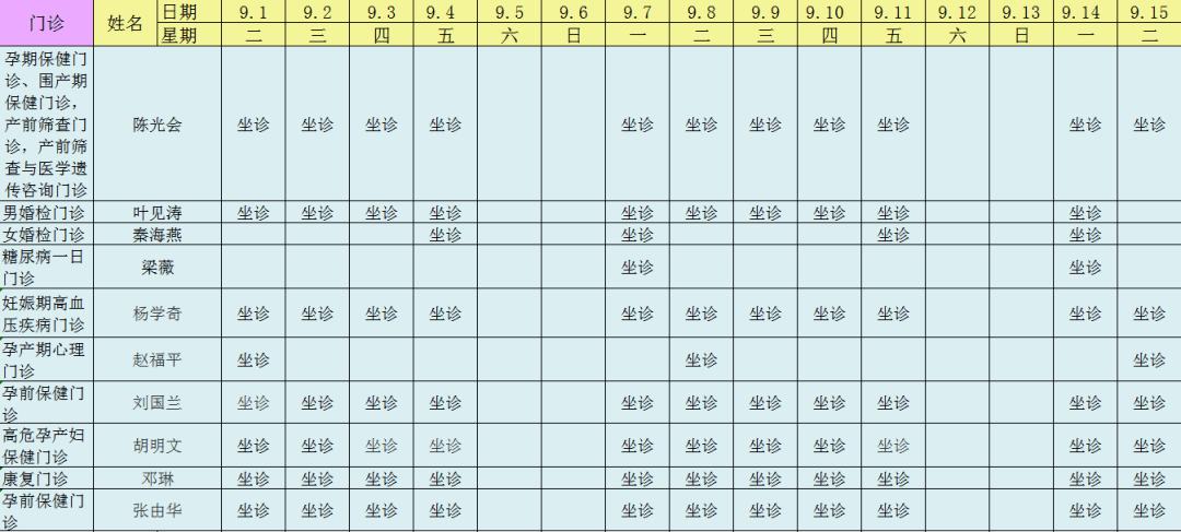 金沙县妇幼保健院九月份排班表