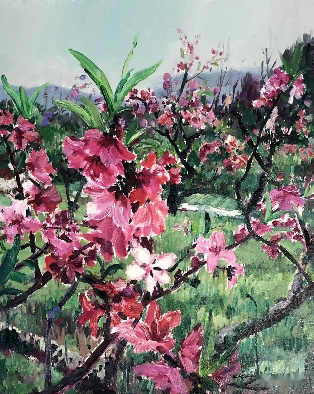 初将烂醉答春风朱辉军桃花系列油画作品