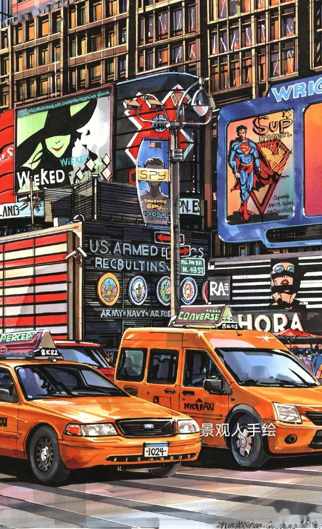 手绘圈原创精选纽约街头街景手绘