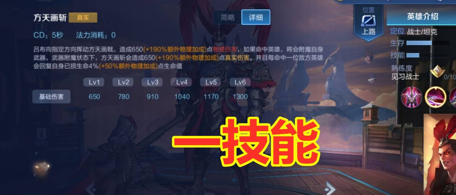 被动:饕餮血统 吕布拥有比其他近战更远的攻击距离;方天画戟附魔状态