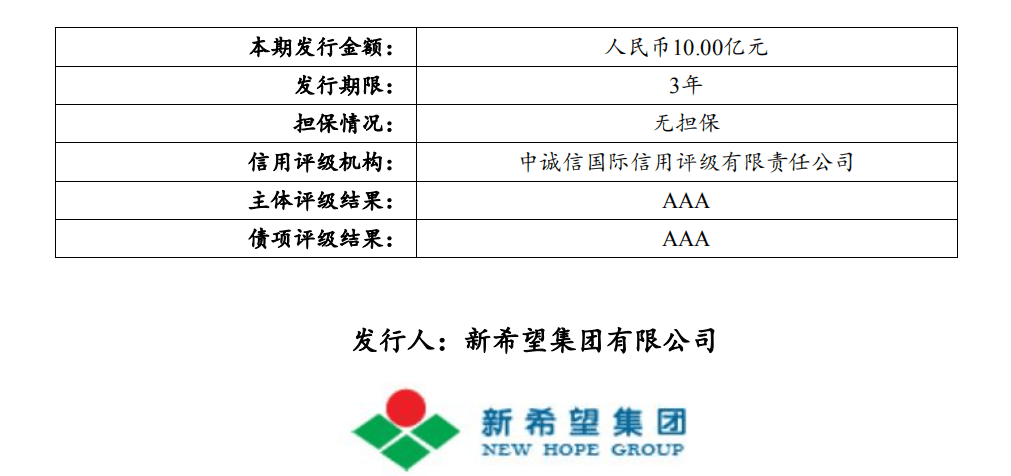 新希望集团:拟发行10亿元中期票据