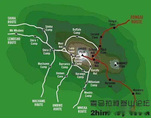 乞力马扎罗峰的线路,marangu路线和rangay路线用红色标注地图提供