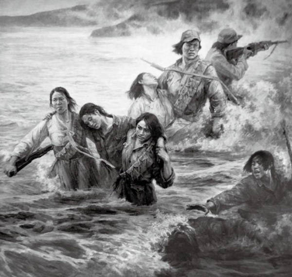 邓澍的油画作品《八女投江》以后敌人把她们三人抬到宝清县城治伤侍候