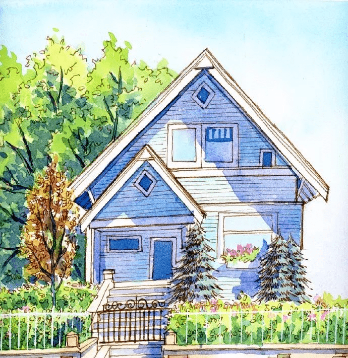 水彩插画古老的城堡和晚霞街道太美啦