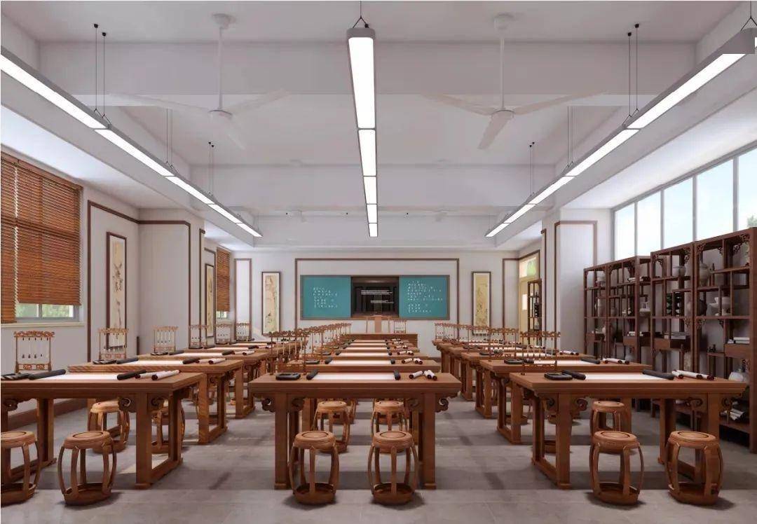 国学堂效果图配备有各种功能性教室开放式图书馆,古典式国学堂恒温