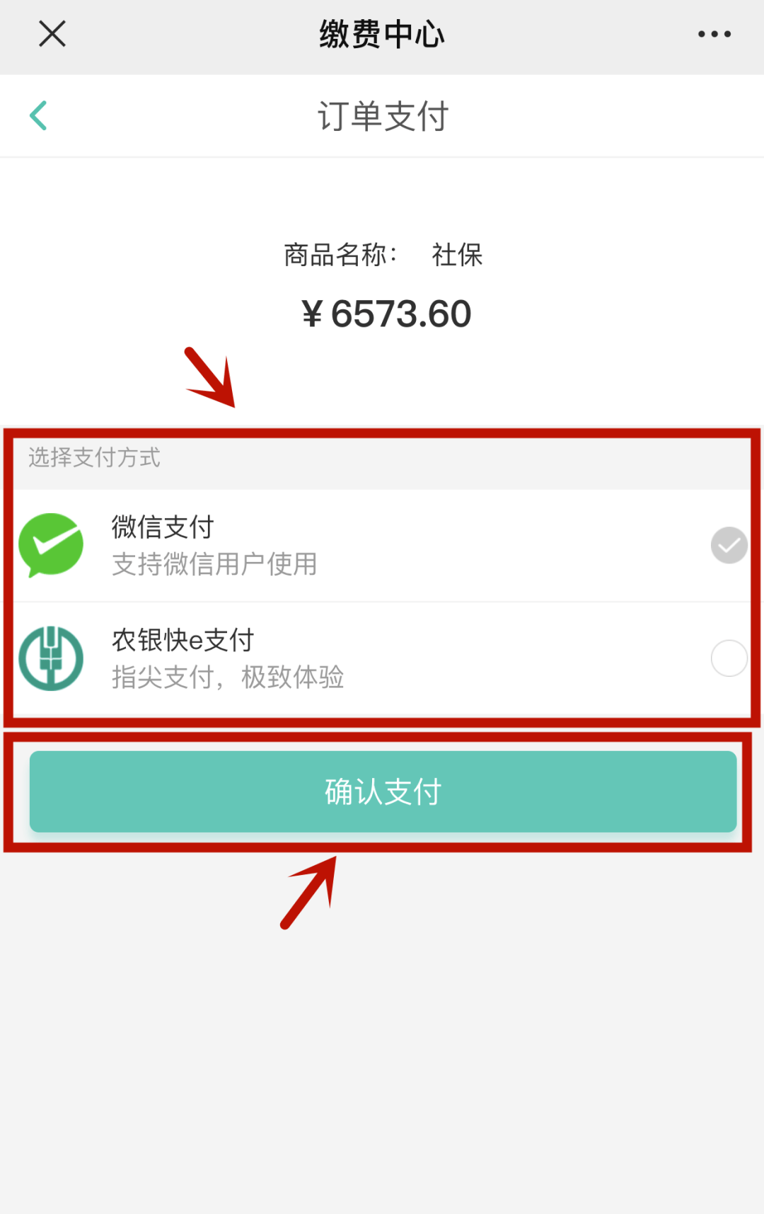 第八步:进入界面后,选择微信支付,然后点击"确认支付"进行缴费.
