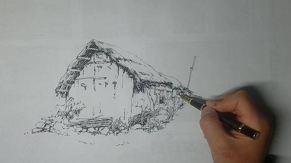 基础钢笔手绘入门茅草屋的画法山间茅草屋