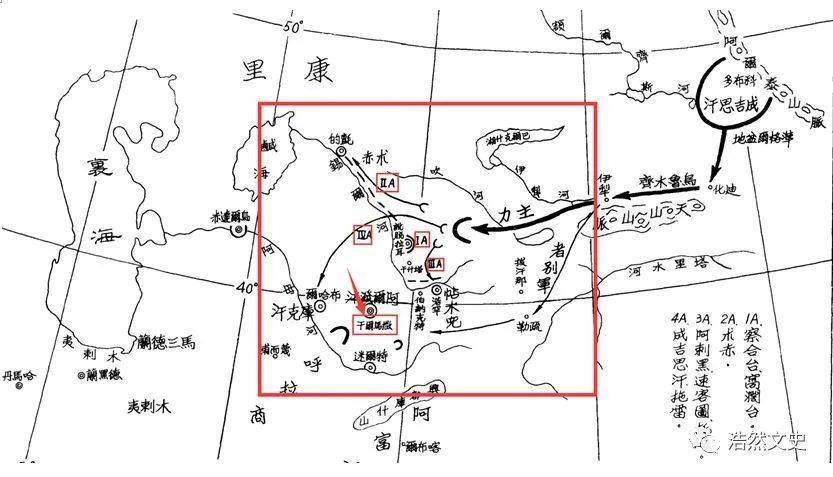 蒙古四路进军路线图至1220年春末,成吉思汗亲领的第四路军率先抵达