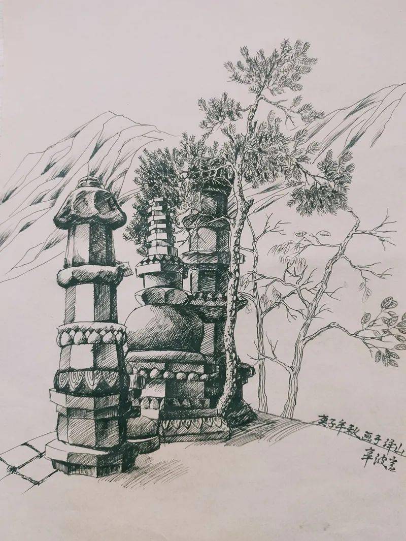 深山藏古寺的画素描图片