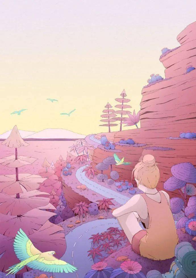 粉色插画丨粉色调风景插画作品温柔的配色