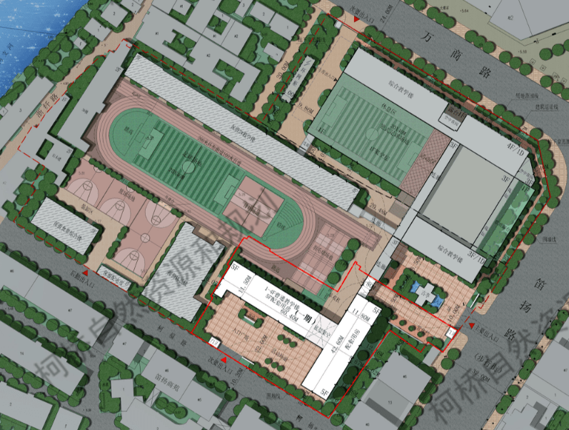 柯桥小学拆建改造工程设计规划图原有地块上,保留了 3 层食堂综合楼,1