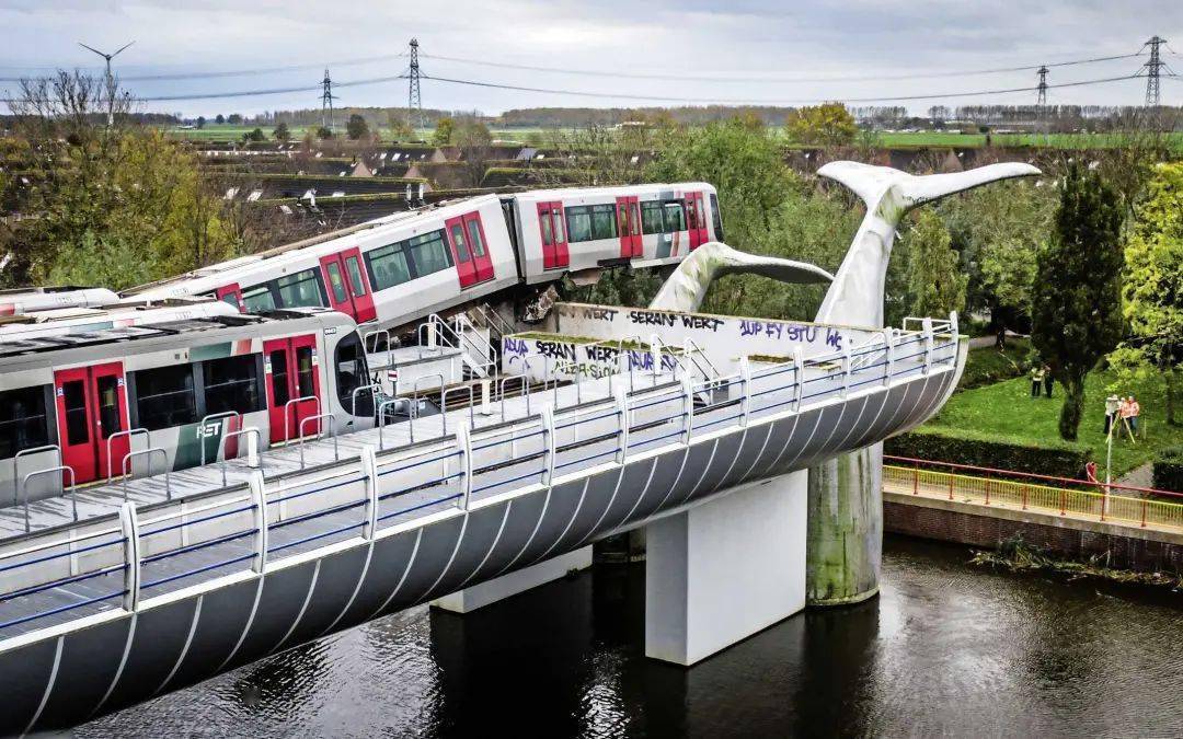 荷兰地铁脱轨冲出,竟被鲸鱼雕塑稳稳接住!网友:有鲸无险!