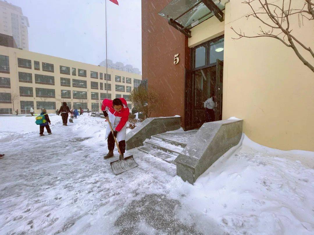 暖心 风雪中有你 第一场落地雪 让美丽的哈尔滨市东湖路校园披上白色