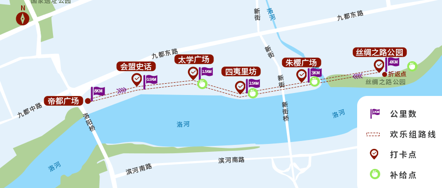 路线为洛浦公园洛阳桥至丝绸之路公园段,相较于专业,欢乐组则更适合一