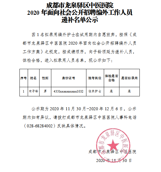 市龍泉驛區中醫醫院2020年面向社會公開招聘編外工作人員遞補名單公示