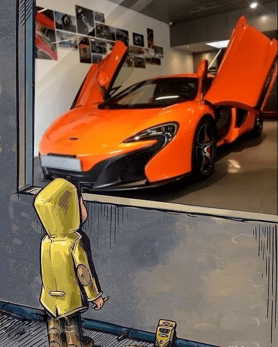 汽车橱窗外的小男孩制作工具