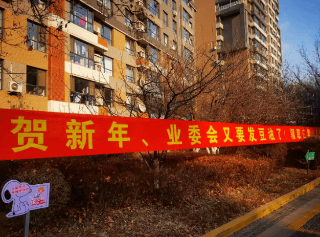 最近,路过新湖明珠城小区南门的业主都会看到这样一个条幅:"贺新年,业