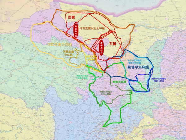 为:河西走廊以北大环线,河西走廊大环线,南部大环线和陕甘宁大环线