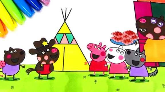 儿童简笔画小猪佩奇露营吃烤饼