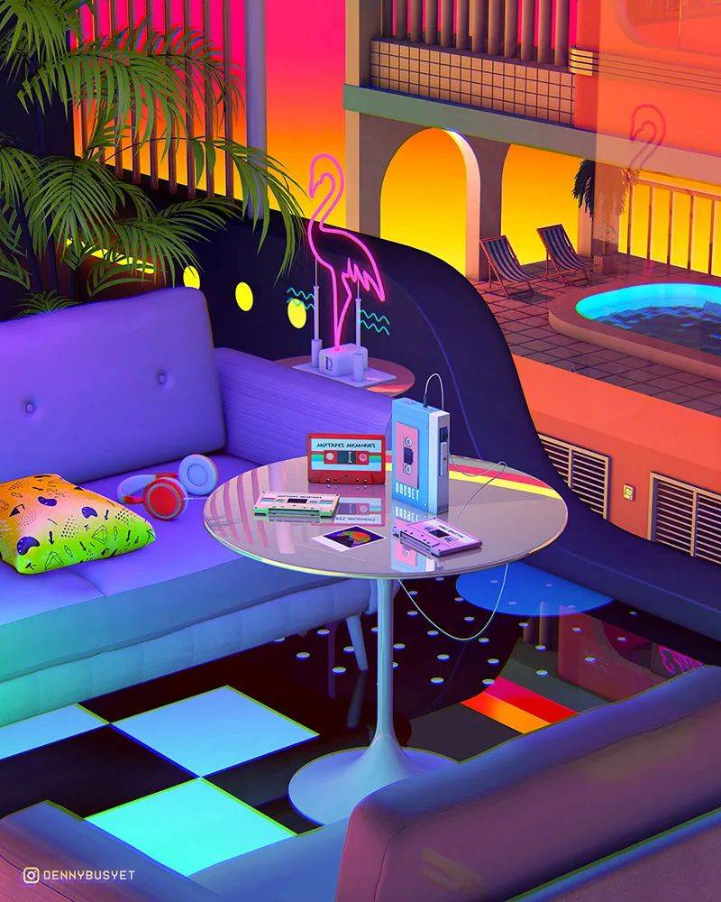 蒸气波风格c4d场景走一波