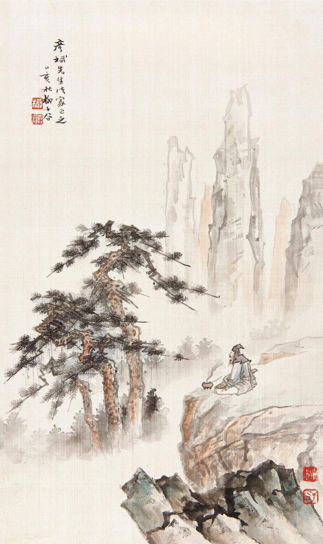 柳子谷山水画柳老的山水传统很深厚,用墨及赋彩,精致高古,更难得的是