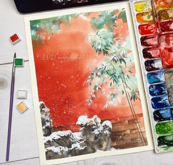 水彩故宫红墙雪景