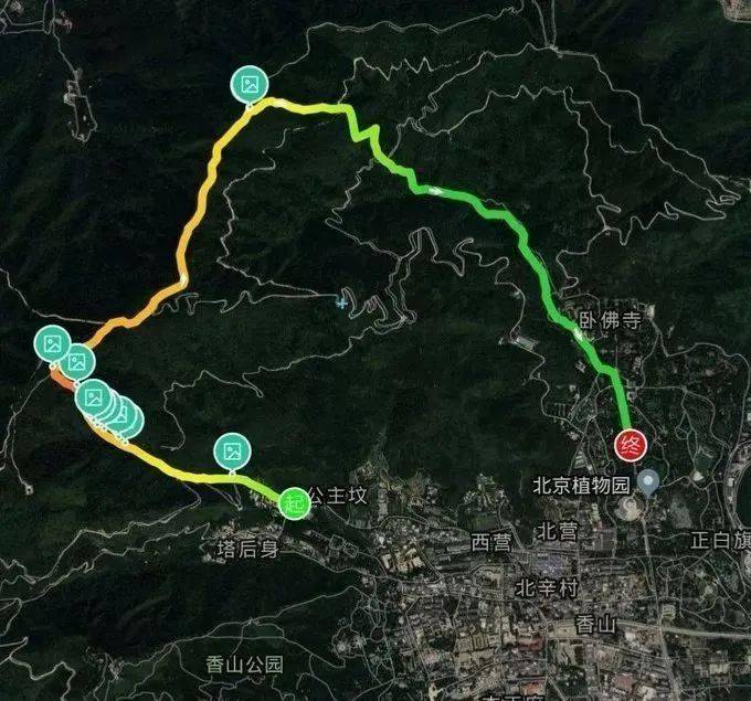 路线先后经过香山邮局,好汉坡,打鹰洼,四棵树路口,樱桃沟,香山植物园