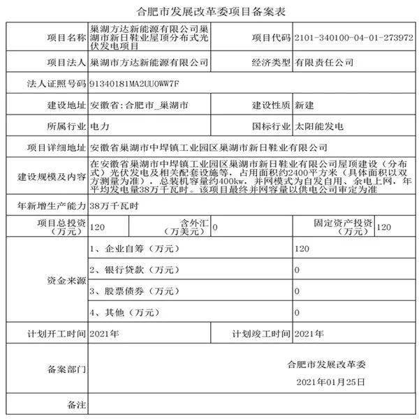 巢湖方达新能源有限公司巢湖市新日鞋业屋顶分布式光伏发电项目峡目