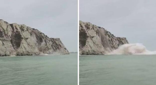 英国白崖一处崖面发生塌方 数以吨计土石掉入英吉利海峡