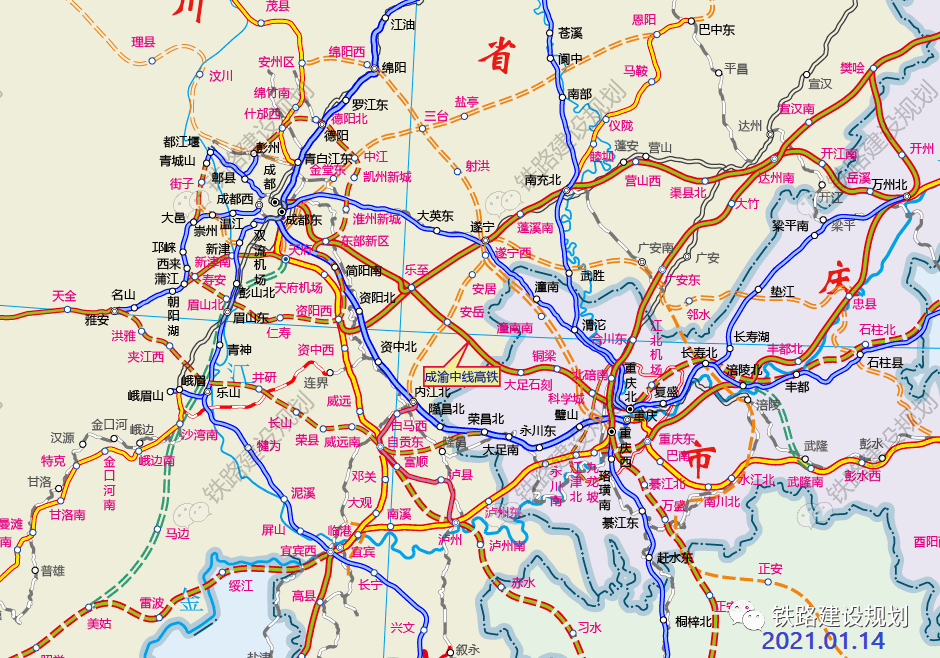 中线高铁可研线路方案▽全线设车站8座:成都,东部新区,乐至,安岳,大足