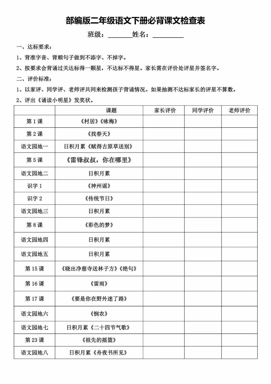 寒假背诵 部编版小学二年级语文下册课文背诵检查表 必背内容汇总 园地