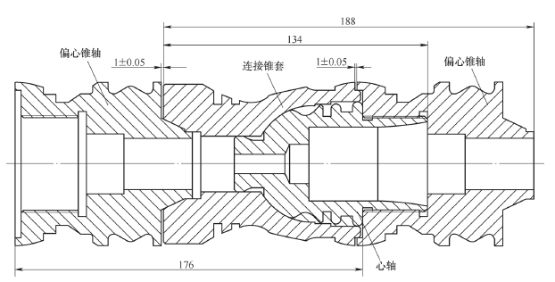 图1 轴套三组合件连接锥套右端与心轴,偏心锥轴左端配合后总长188mm
