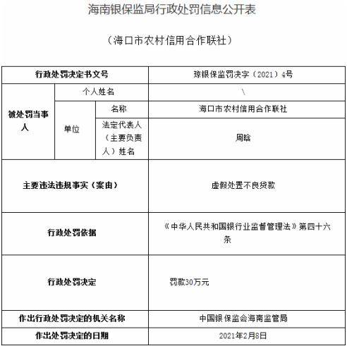 海口市农村信用合作联社违法遭罚 虚假处置不良