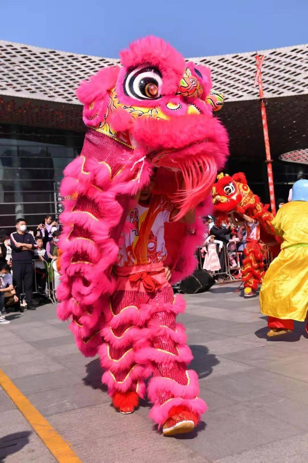 传统舞狮"金玉满堂"拉开了醒狮表演的序幕,梅花桩表演"勇闯雄风"将整