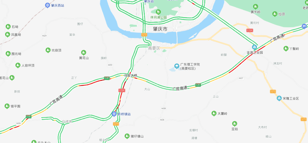 从百度地图上可看到 肇庆这些高速公路已出现 车流量大现象.