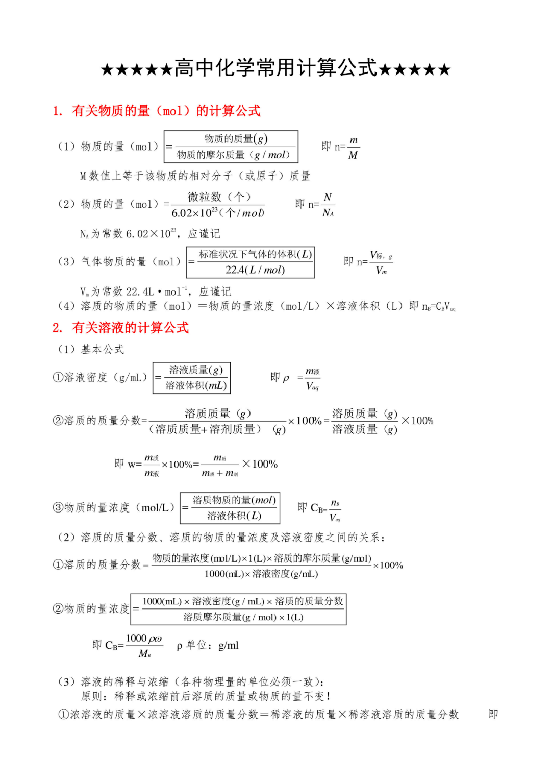 高中化学常用计算公式汇总 专项练习 合作