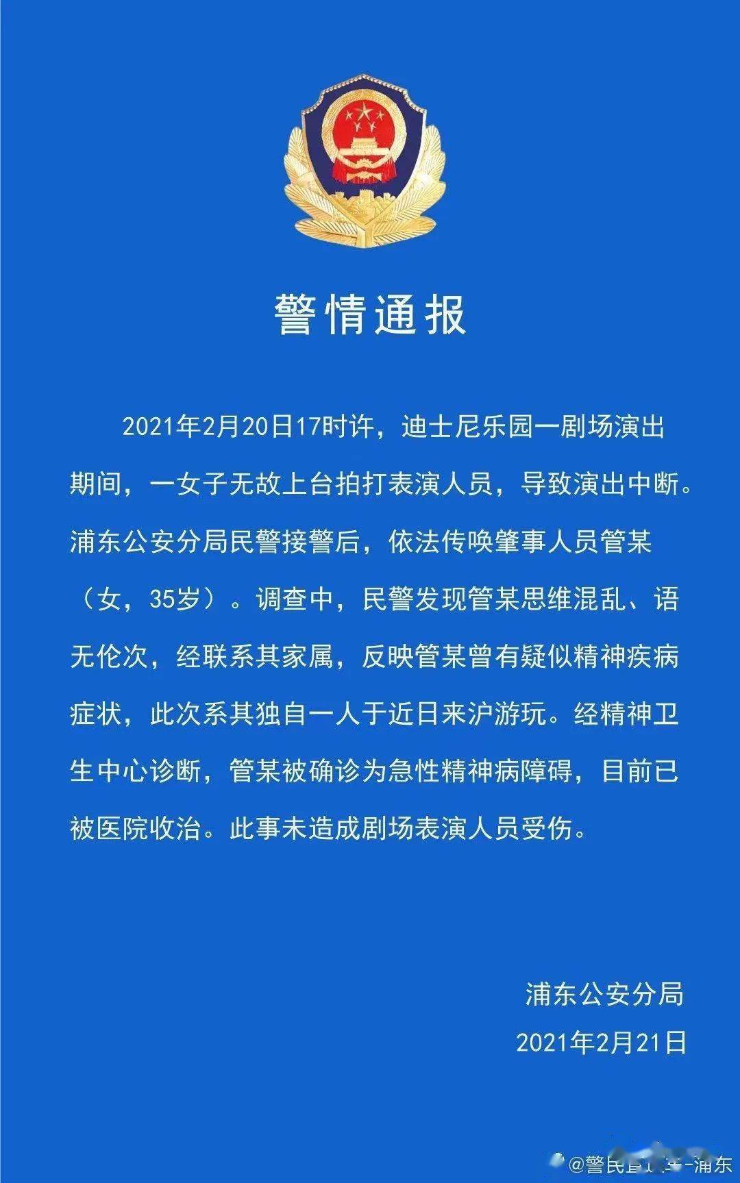 上海迪士尼一游客无故上台殴打辱骂演员,警方通报来了