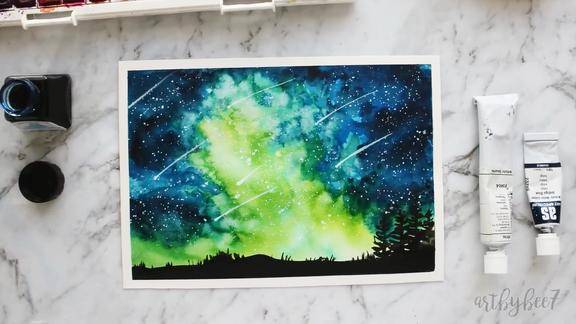 风景水彩画教程系列38流星雨星空水彩