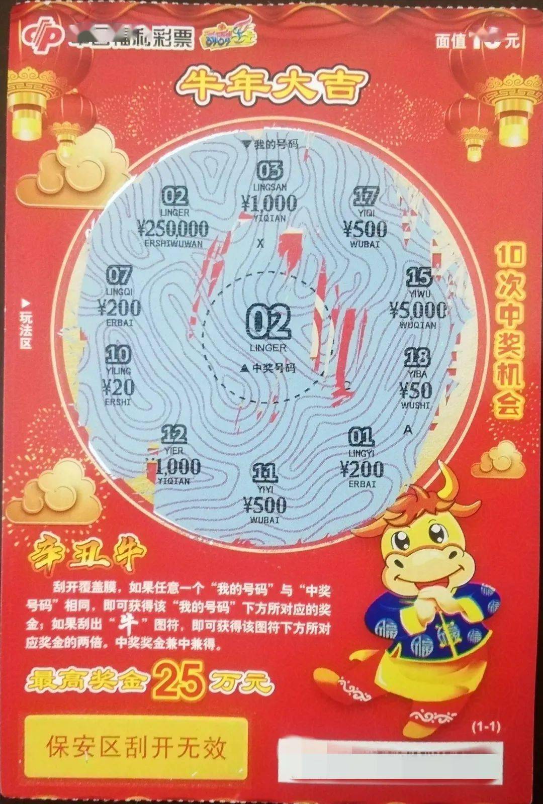 以娱乐一下的心态买了5张福彩刮刮乐"辛丑牛-牛年大吉"彩票,结果中得