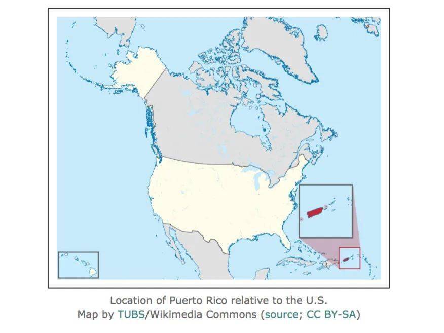 波多黎各,這個距離佛羅里達州以南1600公里的加勒比小島,在美國地圖上
