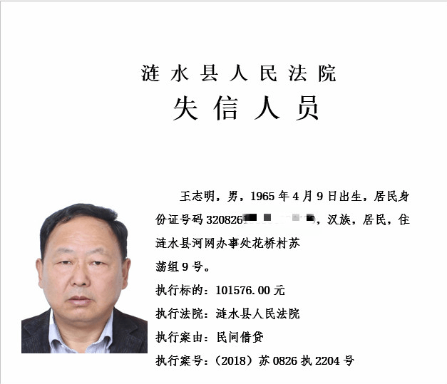 最新涟水又一批失信被执行人名单曝光