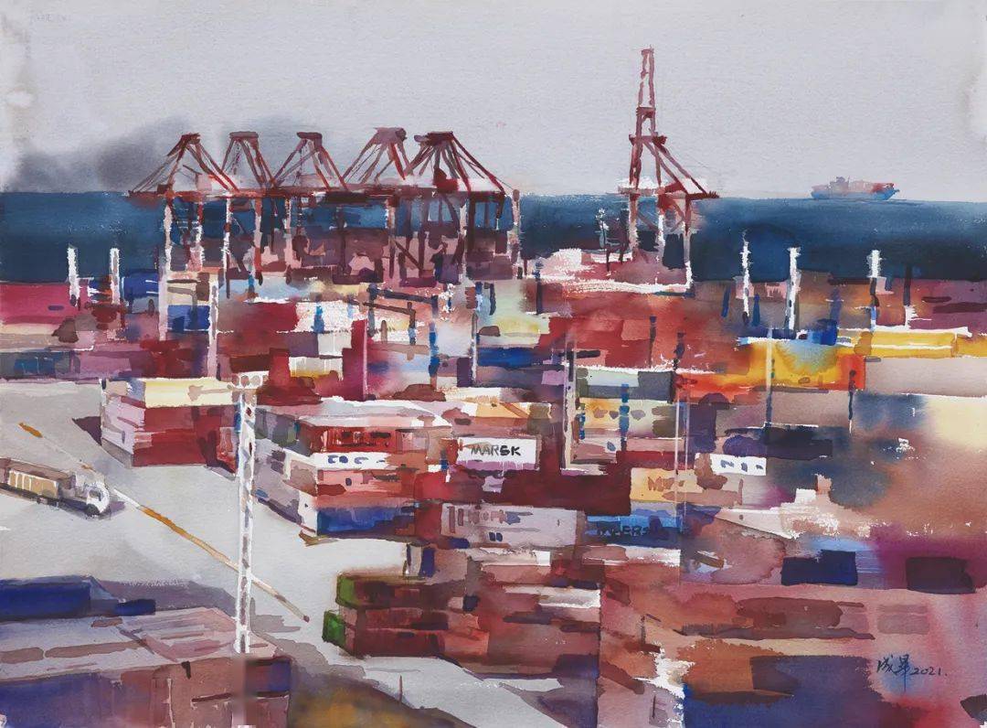 《远眺港口》水彩画56×76cm主办单位浙江省美术家协会宁波市北仑区