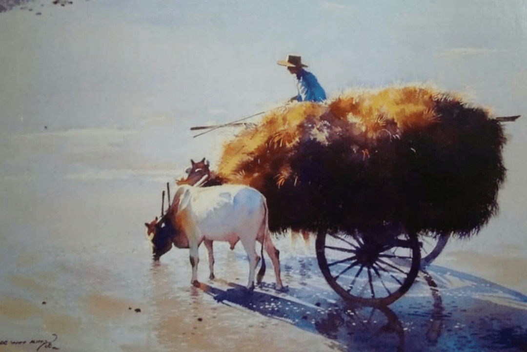 缅甸水彩画家myoewinaung作品欣赏马车系列